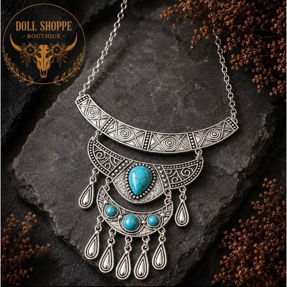 Western Turquoise Fringe Statement Necklace | Boho Silver Tone